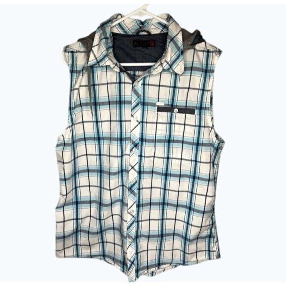 G By  Guess Mens Sleeveless Plaid Button-Up Shirt With Removable Hood XL - Picture 8 of 11